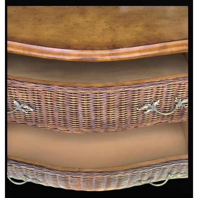 English ​Vintage French Provincial, British Colonial Wicker & Gilt 3 Drawer Bombe Commode Chest With Marble Top For Sale - Image 3 of 14