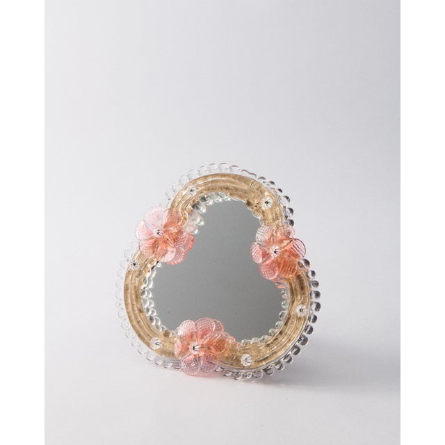 Hollywood Regency Medium Murano Pink Flower Mirror For Sale - Image 3 of 3
