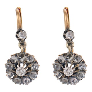 1910s Pair of Edwardian Diamond 14k Yellow Gold Silver Cluster Earrings For Sale