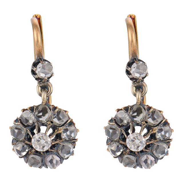 1910s Pair of Edwardian Diamond 14k Yellow Gold Silver Cluster Earrings For Sale