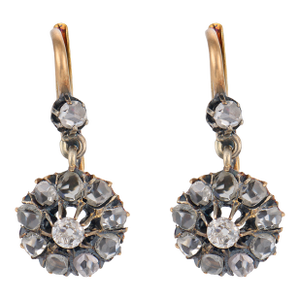 1910s Pair of Edwardian Diamond 14k Yellow Gold Silver Cluster Earrings