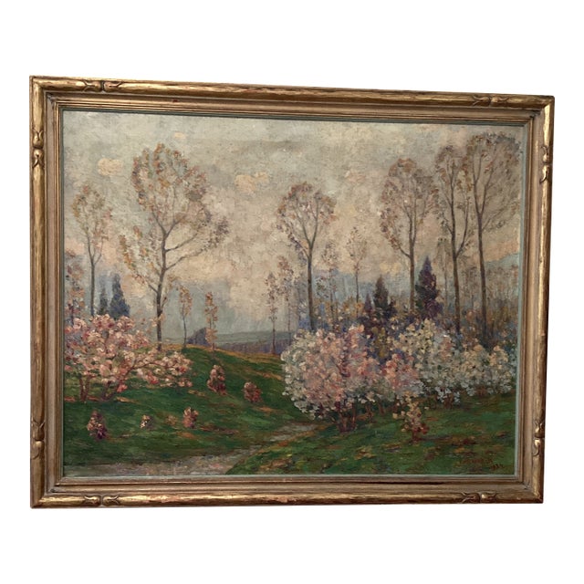 Impressionistic French Landscape Painting on Canvas" Blooming Trees" Signed Framed Circa 1934 For Sale