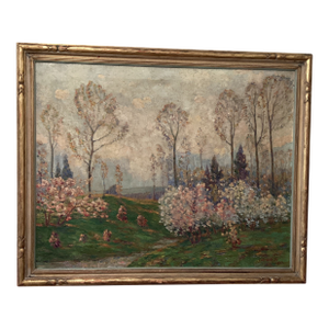 Impressionistic French Landscape Painting on Canvas" Blooming Trees" Signed Framed Circa 1934