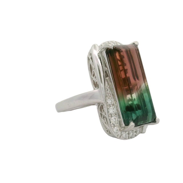 Platinum 13.48 Carat Watermelon Tourmaline Diamond Platinum, Size 6.75 For Sale - Image 8 of 9