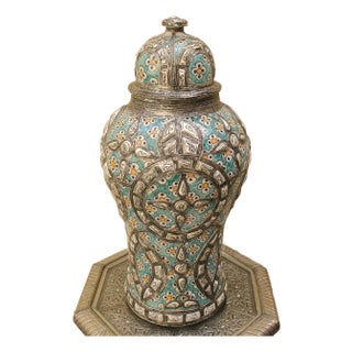 Tall Hand Painted Moroccan Resin and Metal Inlay Vase / Turquoise For Sale