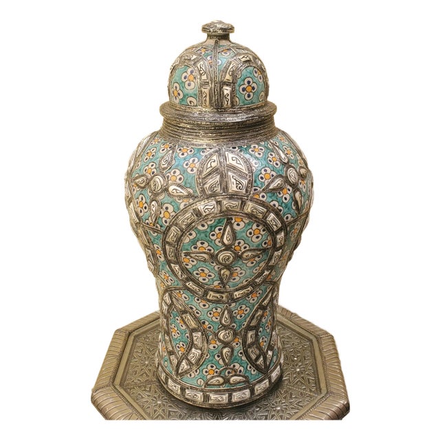 Tall Hand Painted Moroccan Resin and Metal Inlay Vase / Turquoise For Sale
