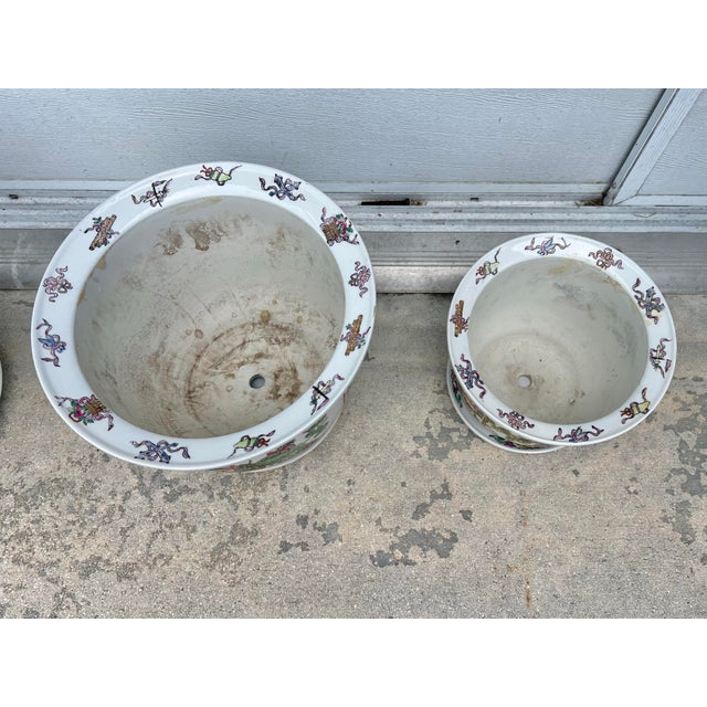 Vintage Chinese Famille Rose Porcelain Fishbowl Planters & Saucers - Pair For Sale - Image 10 of 10