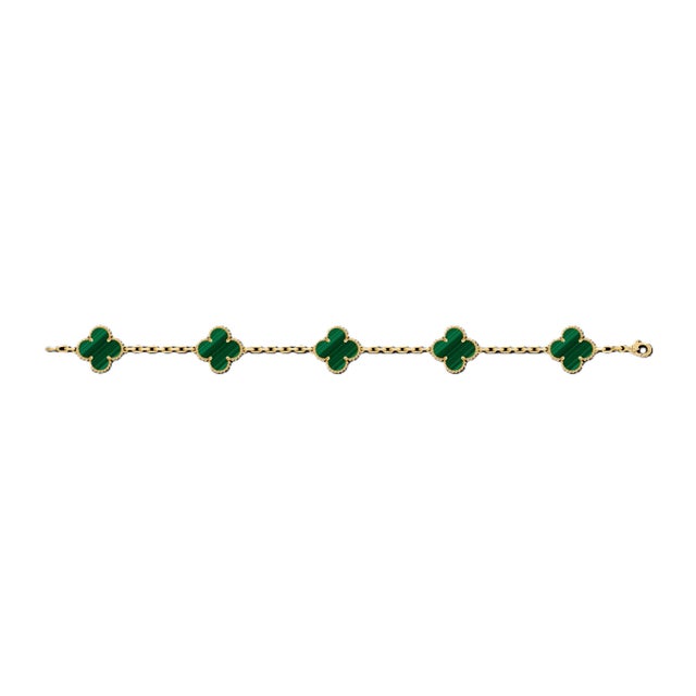 Van Cleef & Arpels Vca 18k Yellow Gold Malachite Alhambra Bracelet For Sale - Image 4 of 9