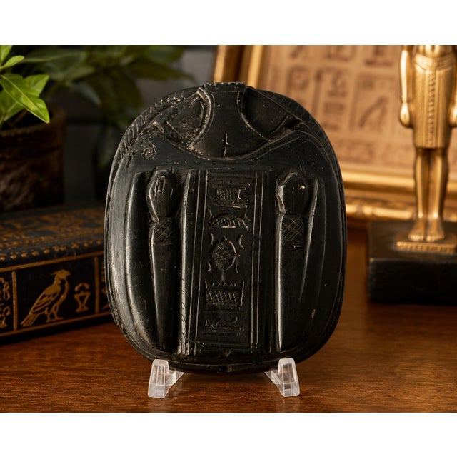 Authentic Egyptian hand-carved black serpentine stone scarab plaque acquired in Egypt, featuring a sculpted scarab beetle...