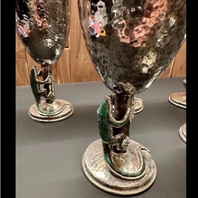 Vintage 1990s Emilia Castillo Mexican Silver Plate Glasses Goblets Green Lizards - Set of 6 For Sale In Fayetteville, AR - Image 6 of 12