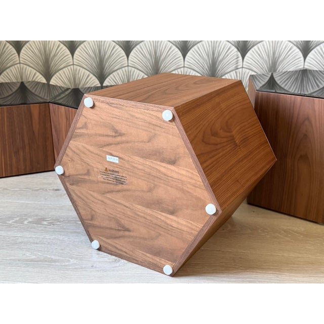 Mid-Century Modern-Style Modular Geometric Hexagonal Walnut and Glass Coffee Table or Pedestal Side Tables Attributed to Modloft For Sale - Image 10 of 11