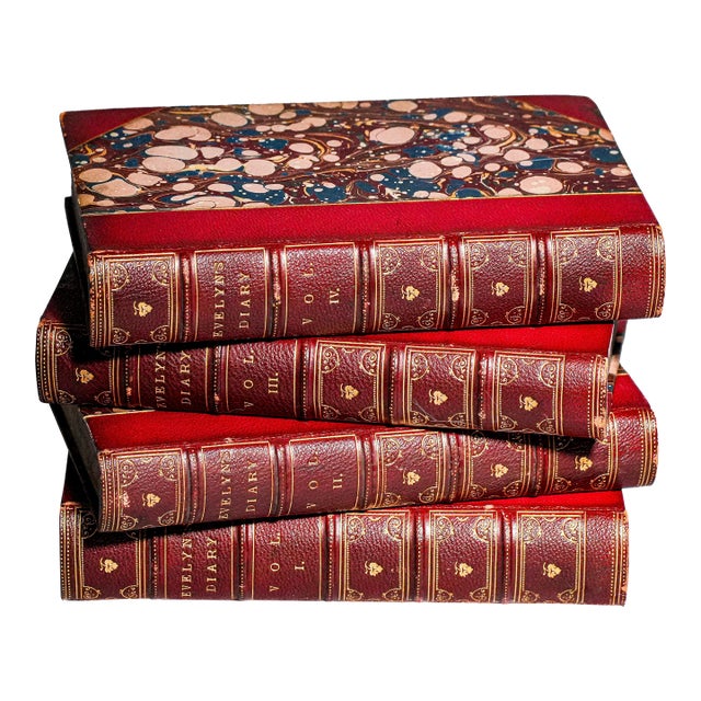 Beautiful Red Leather Spine Ornate Antique Victorian Books Correspondence of John Evelyn English Home Decor For Sale
