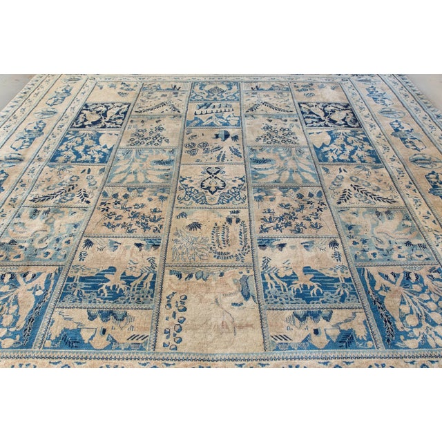 1900s Antique Navy Tan Distressed Indo Kashan Botanical Animal Allover Design Hand-Knotted Wool Low Pile Rug - 9’8“ X 12’ For Sale - Image 10 of 12