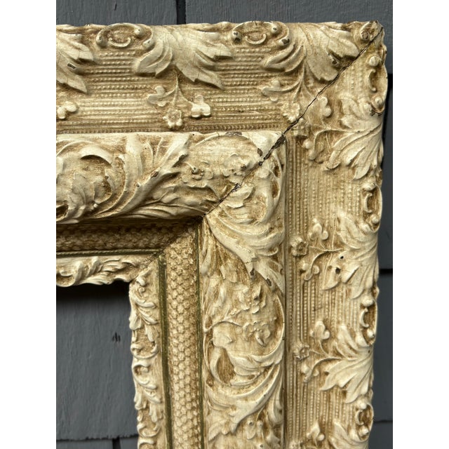 Victorian Antique Gesso & Wood Picture Frame With Floral Relief Decoration – 26.5” X 30.5” For Sale - Image 3 of 12