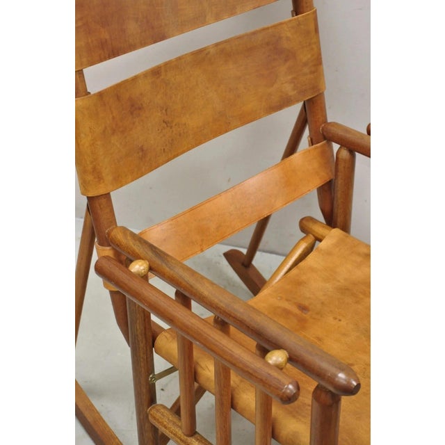 Mid 20th Century Costa Rican Campaign Style Teak Brown Leather Folding Rocker Rocking Chair For Sale - Image 11 of 12
