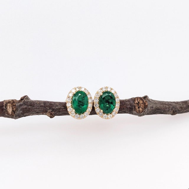 Modern Emerald Stud Earrings With Earth Mined Diamonds Halo: Solid 14k Gold, Oval 7x5mm, A Pair For Sale - Image 3 of 6