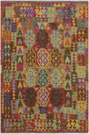 1990s Shabby Chic Kilim Blue/Rust Hand-Woven Wool Rug -5′1″ × 6′9″