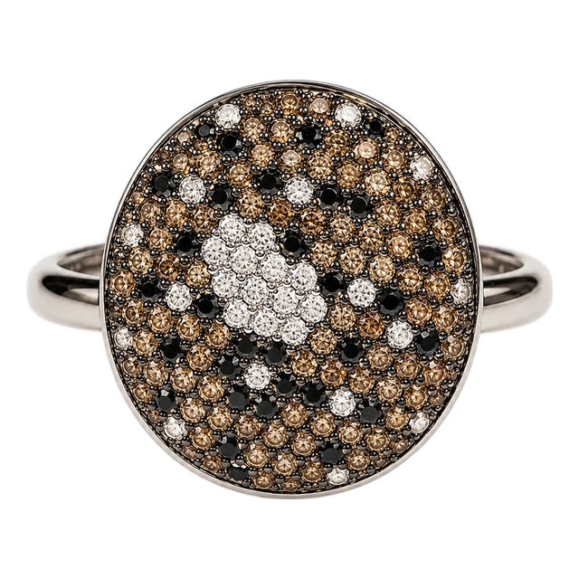 14K White Gold Estate Black, Champagne & White Diamond Heart Mosaic Paved Ring For Sale