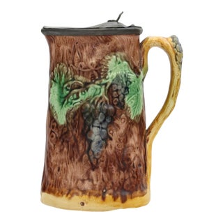 Antique Majolica Syrup Pitcher With Pewter Lid For Sale