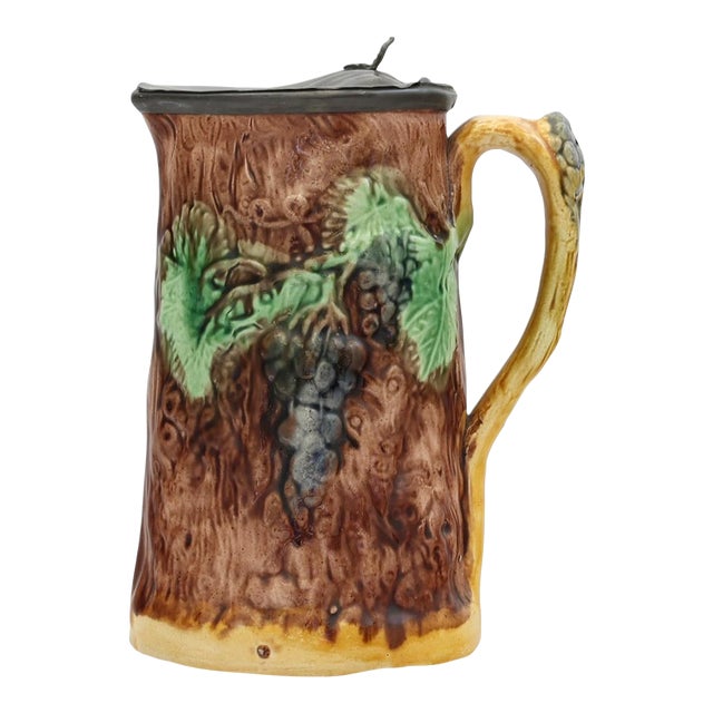Antique Majolica Syrup Pitcher With Pewter Lid For Sale