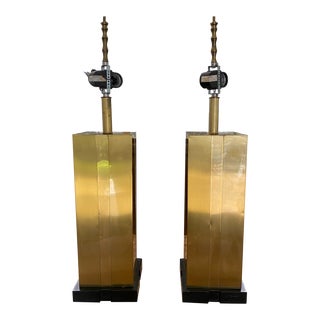 Vintage Mid 20th Century Quadrangular Brass Column Square Lamps, a Pair For Sale