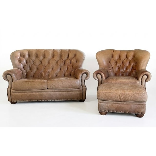 Exceptional vintage Bradington-Young English club suite, circa 1990s, comprising an oversized tufted wingback chair,...