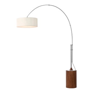 Tambo 92"h 1-Light Arc Lamp, White Linen Shade, Dark Walnut Base, Satin Nickel, Dimmable, for Living Room or Bedroom For Sale