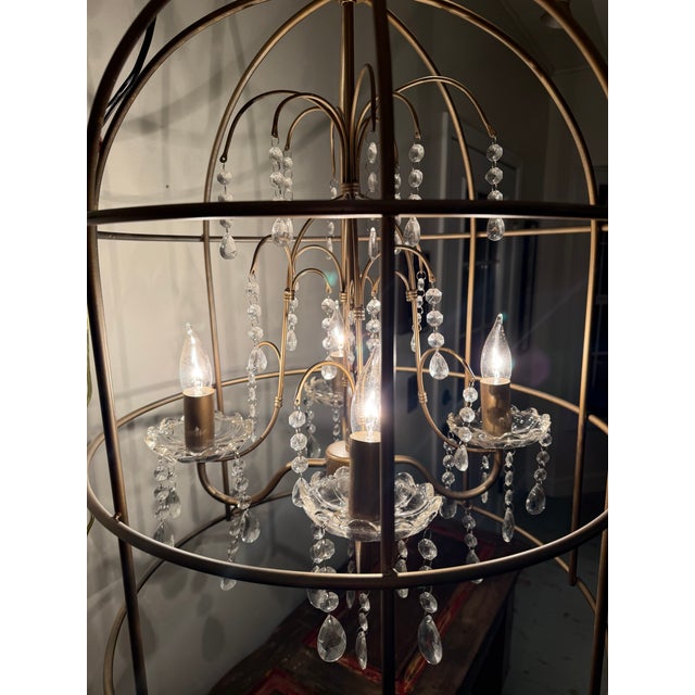 Elegant antique brass birdcage chandelier featuring a delicate open cage frame, scrolling candle-style arms, and sparkling...