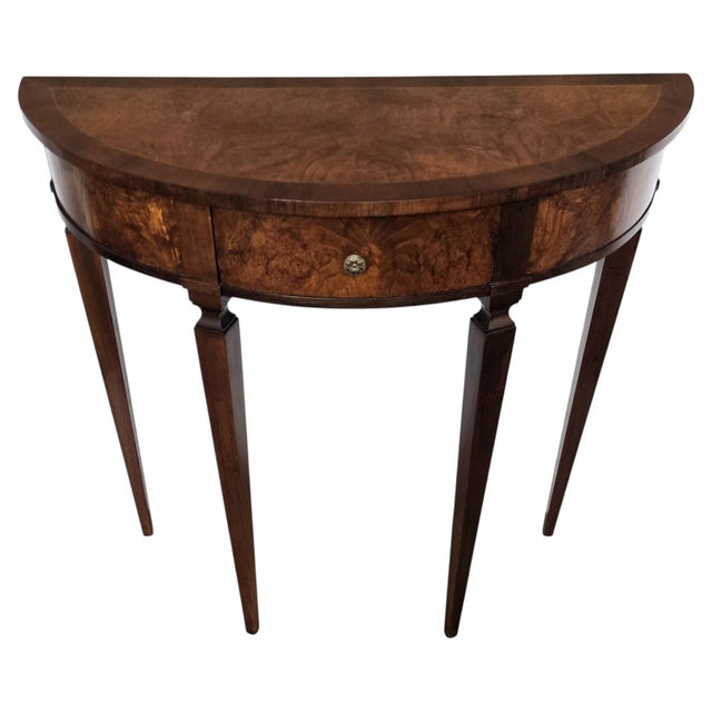 Mid-Century Italian Regency Demi Lune Burl Wood Veneer Wall Console Side Table, 1960s For Sale - Image 9 of 9