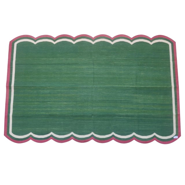 Textile Handmade Cotton Scalloped Rug, Green with Cream and Raspberry Border 8'x10' For Sale - Image 7 of 9