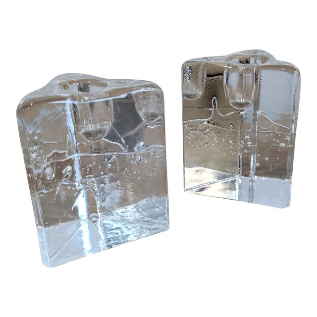Pair of Ittala Finland Timo Sarpaneva Arkipelago Ice Block Glass Candle Holders MCM For Sale