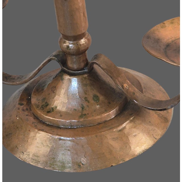 Vintage Arts & Crafts Hand Hammered Copper Three Light Candle Holder For Sale - Image 9 of 11