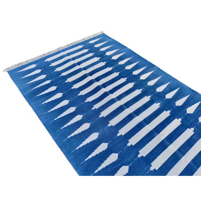 Textile Handmade Cotton Natural Vegetable Dyed Flat Weave Reversible Blue and White Striped Rug - 12'x15' For Sale - Image 7 of 11