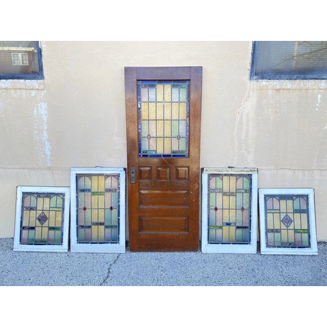 Antique Art Deco Leaded Stained Glass Pink Green Blue Yellow Windows - (2) Pair For Sale - Image 10 of 13