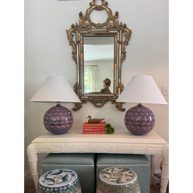 Hollywood Regency Set of 2 Vintage Hand Painted Patterned Lamps For Sale - Image 3 of 10