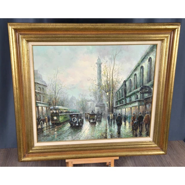 Original painting on canvas of a Paris street scene including horses and carriage, street cars, automobiles and figures....