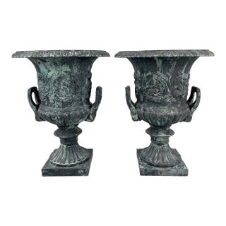 Pair of Vintage Neoclassical Cast Iron Urn Planters in Aged Bronze & Verdigris Finish For Sale