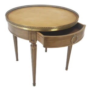 Henredon Olive Green Round Leather Top Brass Gallery Drop Pull Side Table