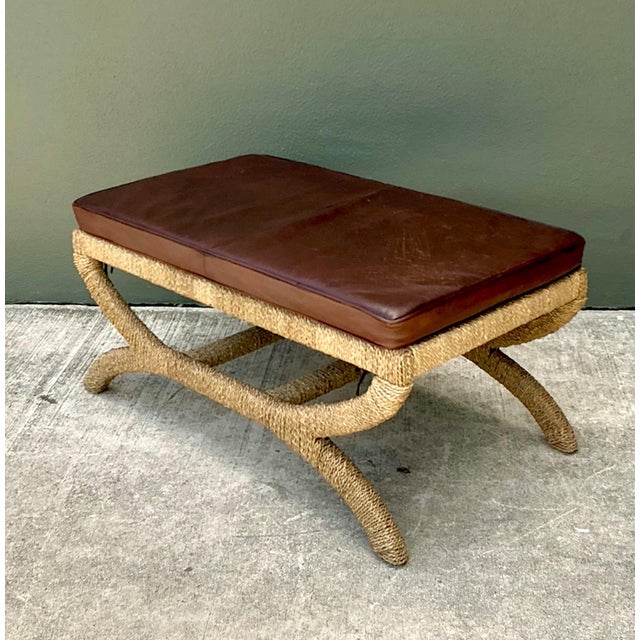 Mid-Century Modern Vintage Rattan and Leather Bench For Sale - Image 3 of 18
