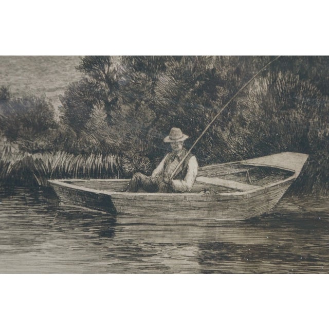 Antique Charles Frederick Mielatz Quiet Nook Riverscape Fishing Etching 36" For Sale - Image 9 of 12