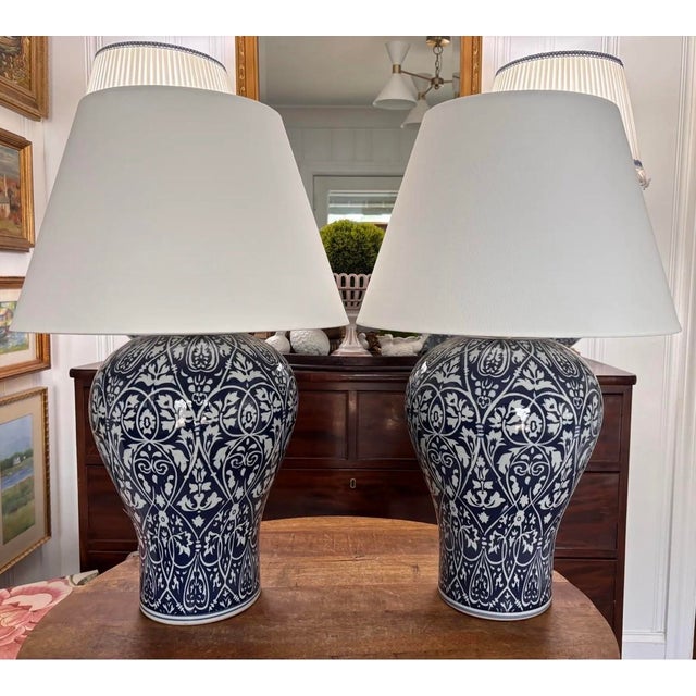 Ink Blue Contemporary Blue and White Ikat Pattern Ralph Lauren Over-Sized Jar Lamps With White Linen Shades, a Pair For Sale - Image 8 of 8