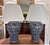 Ink Blue Contemporary Blue and White Ikat Pattern Ralph Lauren Over-Sized Jar Lamps With White Linen Shades, a Pair For Sale - Image 8 of 8
