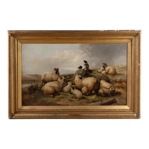 19th Century Large Oil on Canvas of Scottish Highland Sheep and Shepherd