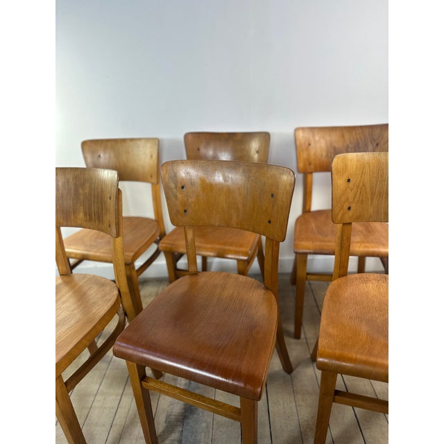 Six vintage Thonet chairs in beech and beech veneer, featuring a simple and timeless design characteristic of mid-20th-...