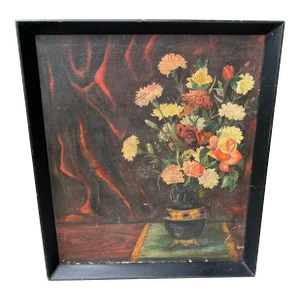 Large Antique European Chinoiserie Still Life Floral Oil Painting on Canvas