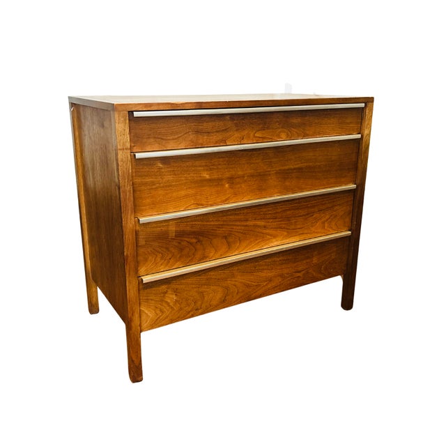 Vintage John Stuart Mid-Century Modern Walnut Four-Drawer Dresser by John Stuart – Walnut Chest With Steel Edge Pulls, Circa 1970s For Sale - Image 10 of 18