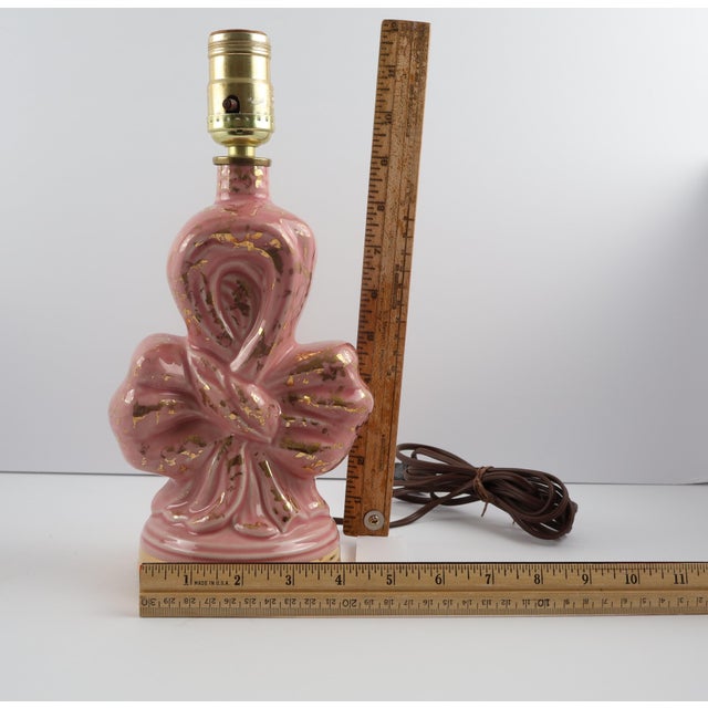 Vintage Pink Ceramic Bow Lamps With Gold Accents Hollywood Regency, 12 In - a Pair For Sale - Image 9 of 10