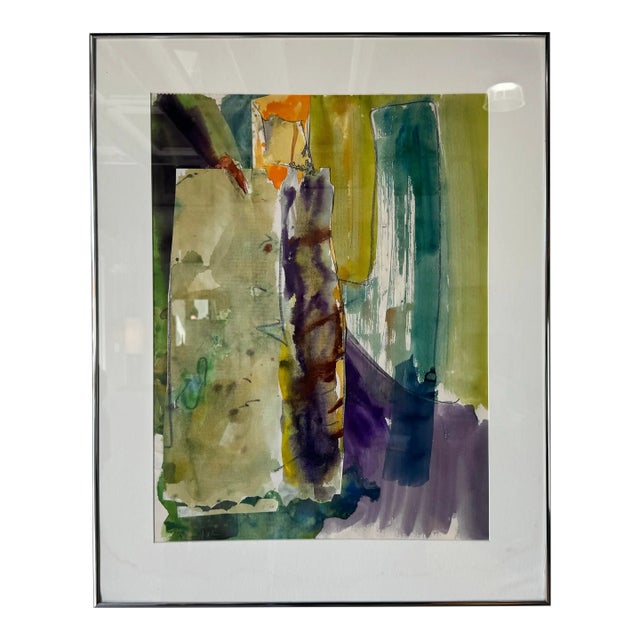 1982 Vintage Mixed Media Expressionist Abstract Watercolor & Oil Pastel Painting by Yamill For Sale