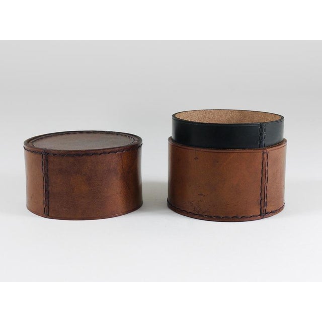 Round Leather Storage Box with Lid attributed to Carl Auböck, Vienna, Austria, 1950s For Sale - Image 11 of 16