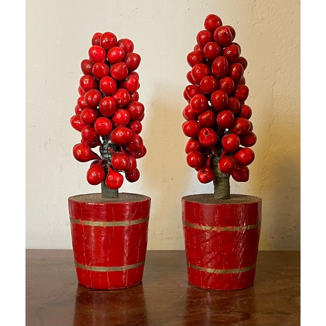 Early 20th Century Antique Early 20th Century German Christmas Ornaments Paint Decorated and Carved Wood Red Berry Topiary Trees in Pots - a Pair For Sale - Image 5 of 8